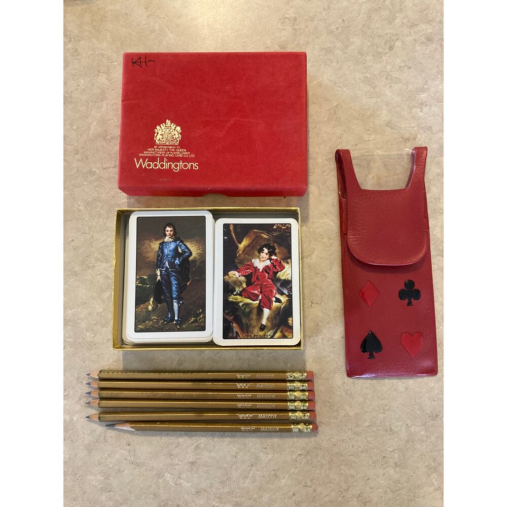 Vtg Waddingtons Playing Cards Velvet Box 54 Card Set Mascot Pencils Case Bridge